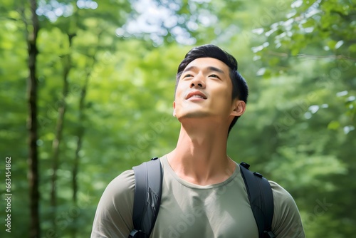 an Asian Man breathing fresh air in the jungle