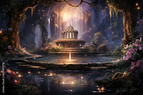 Enchanted song fountains, harmonizing with nature's melodies and creating enchanting displays - Generative AI photo