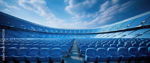 blue tribunes. seats of tribune on sport stadium. empty outdoor arena. concept of fans. chairs for audience. cultural environment concept. color and symmetry photo