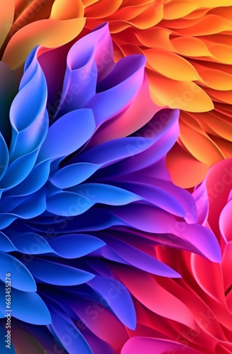 Futuristic abstract contemporary 3D background with flowers in orange, yellow, pink, purple and blue colors. AI generated