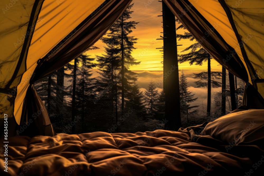 Sunrise at a camping site during autumn,forest scenery tent sunrise