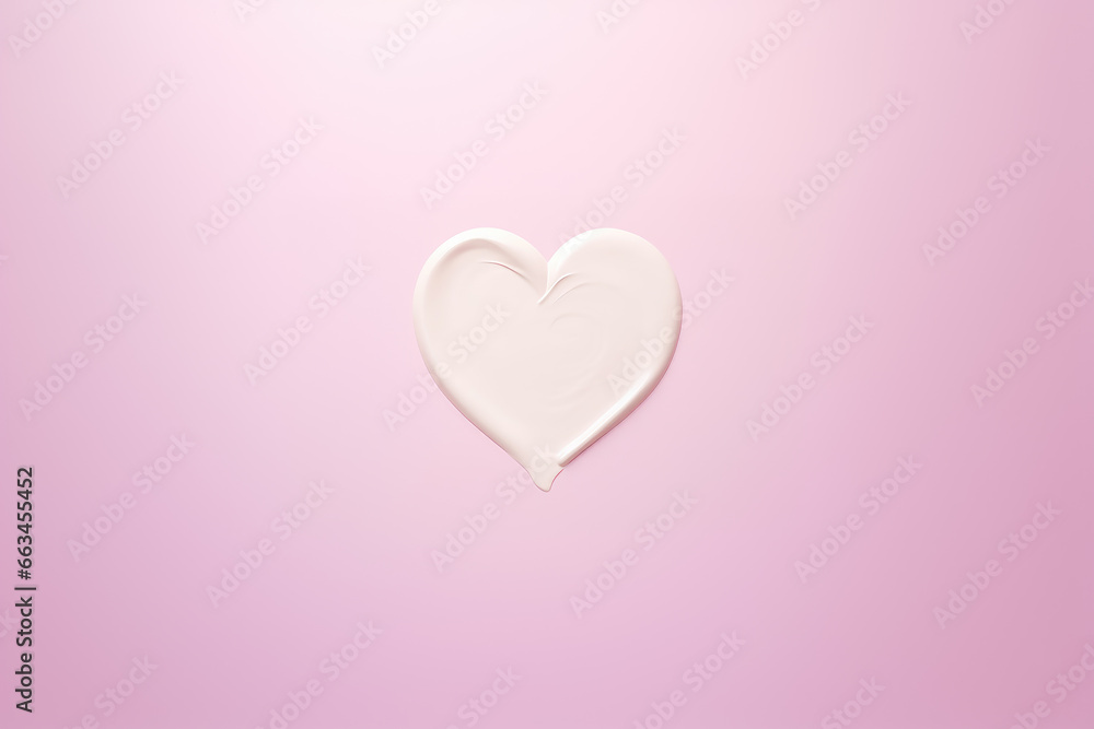 White beauty skincare cream swipe smear in heart shape isolated on pastel pink background. Cosmetics makeup smudge swatches. Top view