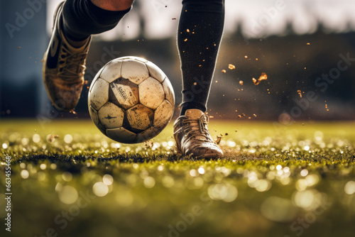 Soccer player kicking ball for a goal on stadium,training footballer kick the soccer. © kiatipol