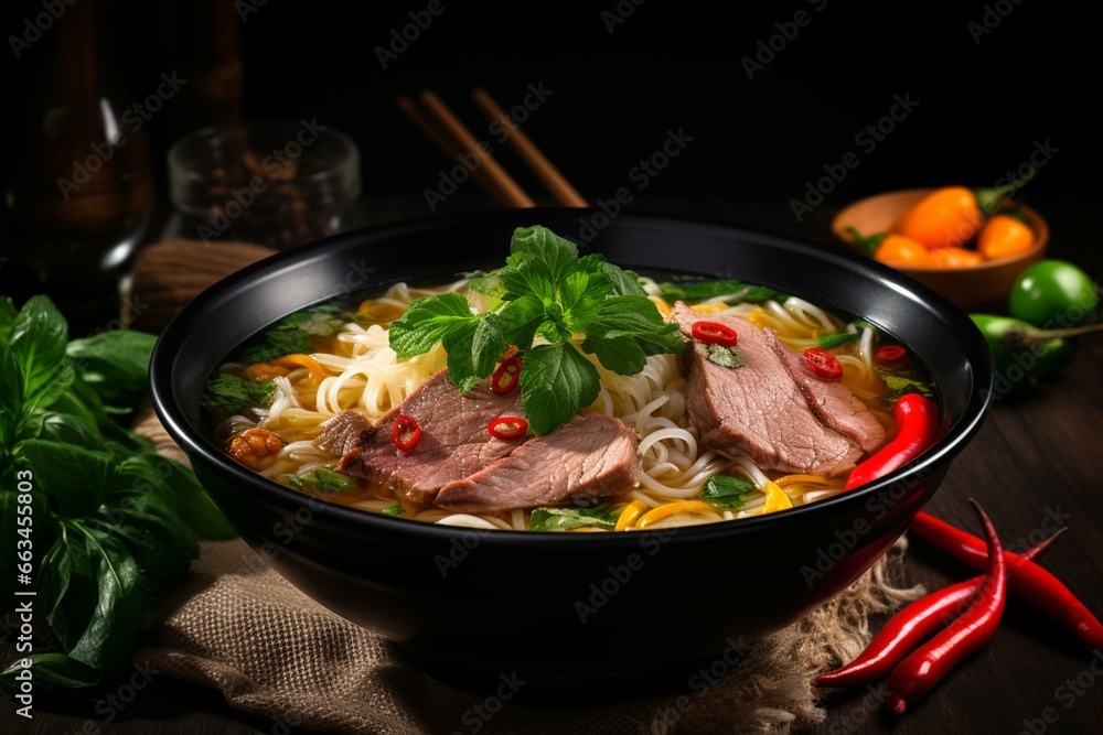 Delicious Vietnamese soup with beef and rice noodles on a dark background. Generative AI