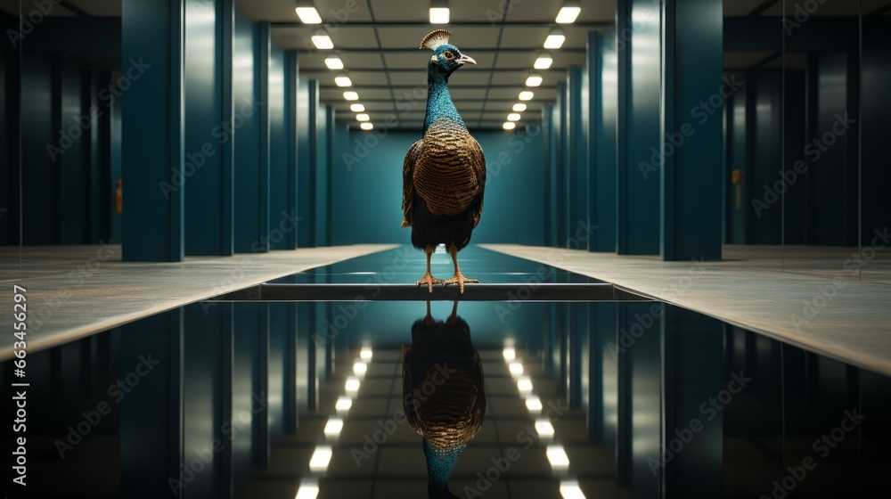 A magnificent peacock gracefully perches on a shimmering canvas, embodying the essence of beauty and self-reflection in a captivating work of art - obrazy, fototapety, plakaty 