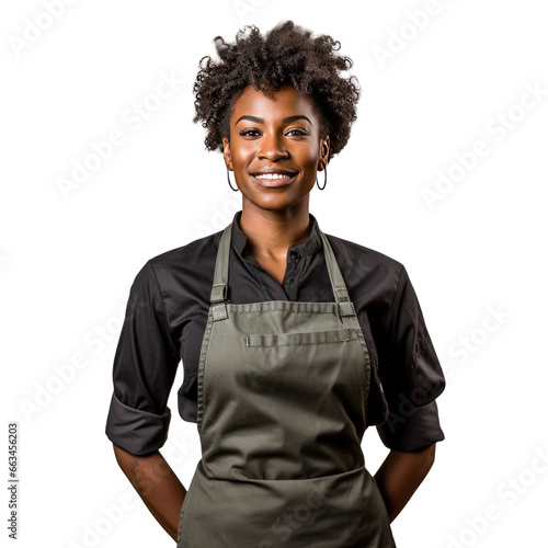 Black female chef standing up, body view, smiling