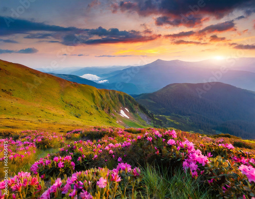 Attractive summer sunset with pink rhododendron flowers. Location place Carpathian mountains  Ukraine  Europe. Vibrant photo wallpaper. Image of exotic landscape. Discover the beauty of earth