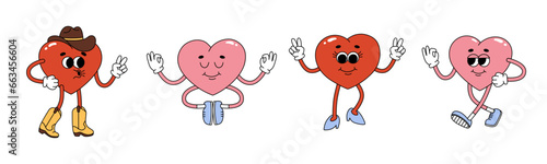 Set of groovy hippie heart characters. Cartoon characters in trendy retro style for Valentines day design. Love concept