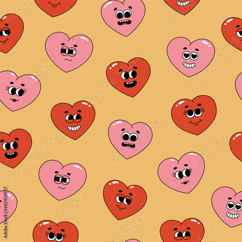 Seamless pattern of groovy hippie hearts. Cartoon characters in trendy retro style on yellow background