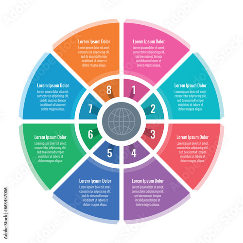 wheel infographic template. center, circle infographic template. eight option informational templates. internet, annual report, magazine, web infographic template