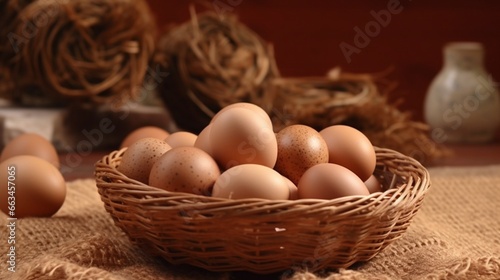 brown egg lot on beige wicker basket food kitchen anim.Generative AI