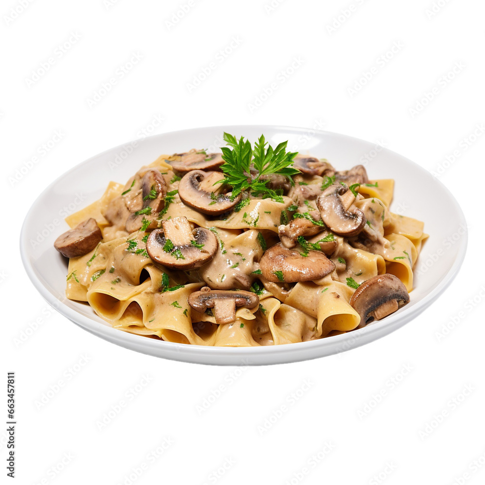 plate of pappardelle with mushroom sauce isolated on white background, ai generated plate of pappardelle with mushroom sauce isolated on white background, ai generated