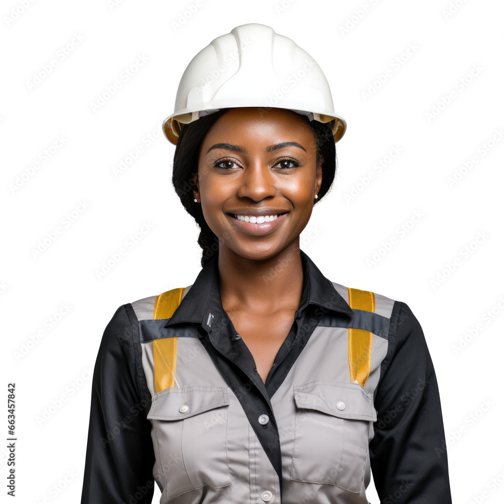 Black female engineer standing up, body view, smiling Black female engineer standing up, body view, smiling