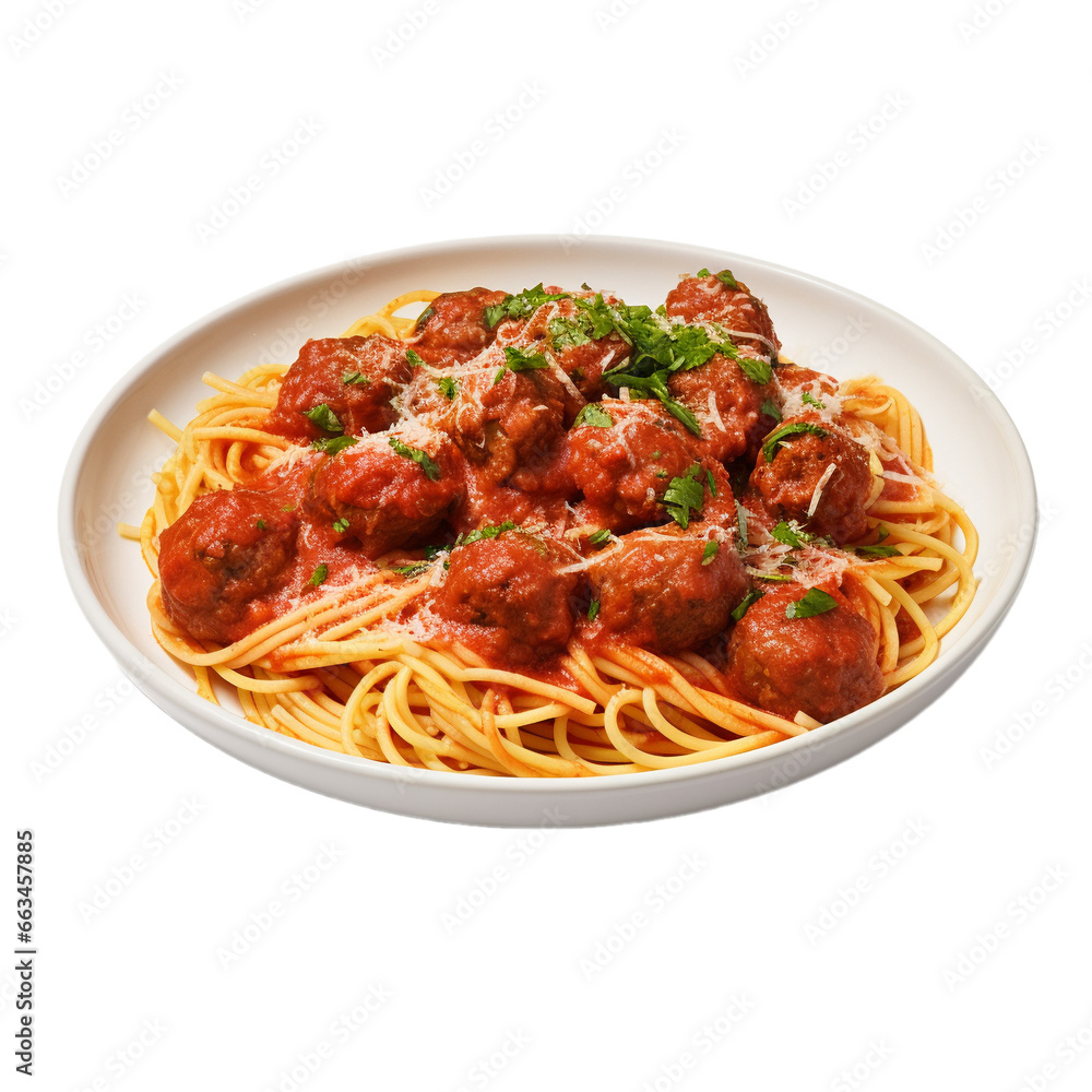 plate of spaghetti with meatballs and basil isolated on white background, ai generated plate of spaghetti with meatballs and basil isolated on white background, ai generated
