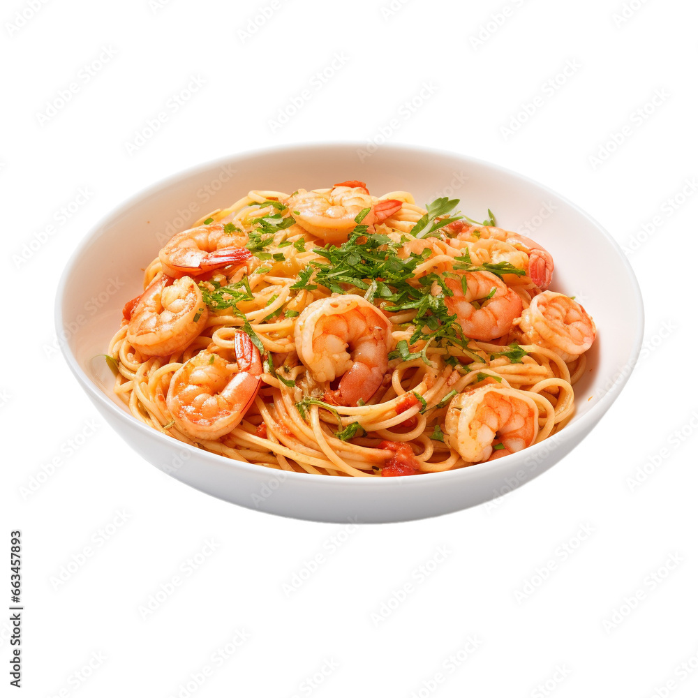 plate of spaghetti with shrimp isolated on white background, ai generated plate of spaghetti with shrimp isolated on white background, ai generated