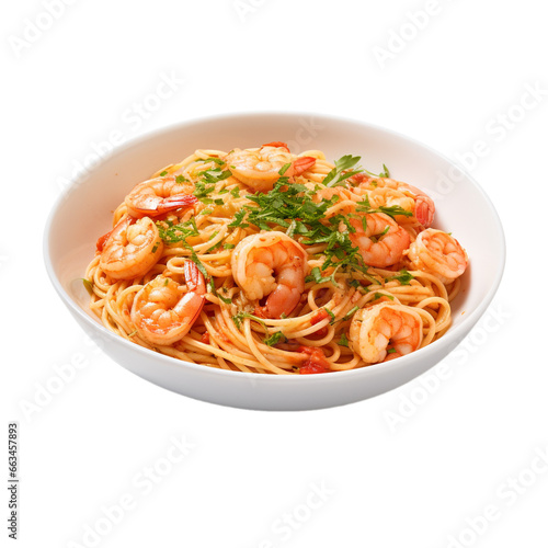 plate of spaghetti with shrimp isolated on white background, ai generated