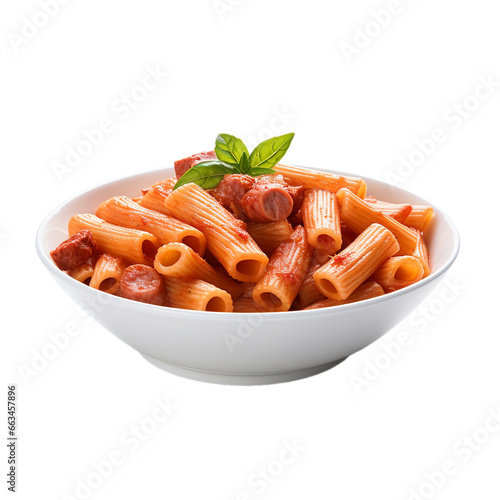plate of pasta with sausage and basil isolated on white background, ai generated