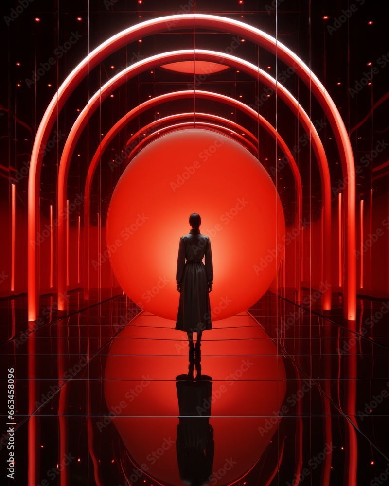 In a luminous room, a figure admires the captivating beauty of a colossal, scarlet orb, embodying the essence of art and evoking a sense of wonder and mystery