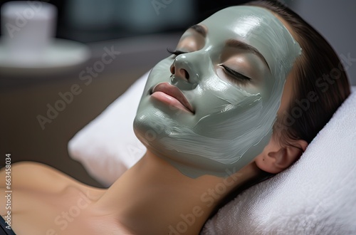 woman relaxing on the massage table with a mask at the spa, wellness concept