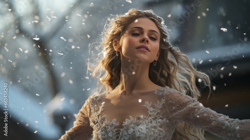 A stunning bride stands gracefully in the winter snow, her dress billowing around her like a flurry of delicate petals, embodying the perfect balance of elegance and whimsy