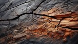 Nature's ancient secrets revealed through the rugged texture of a cracked wood, nestled in a mountainous cave surrounded by towering trees and rocky formations