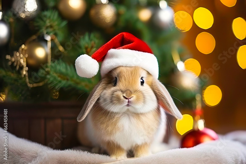 Adorable Christmas Bunny Under the Tree. New Year celebration concept.