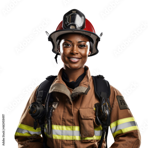 Black female firefighter standing up, body view, smiling photo