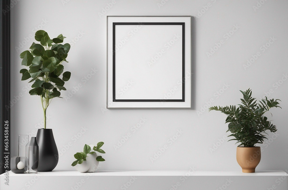 Fototapeta premium Empty square frame mockup in modern minimalist interior with plants in trendy vases on white wall