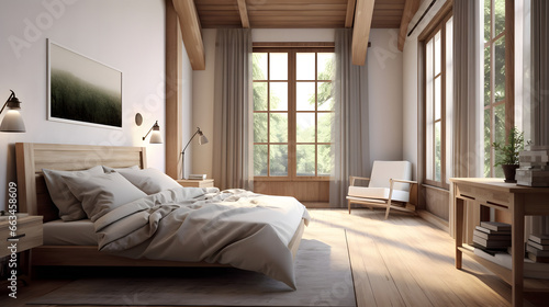 Farmhouse interior design of modern bedroom with hardwood floor. Created with generative © Prasanth