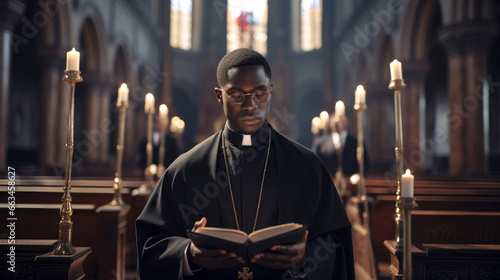 A black priest reads a prayer in a church