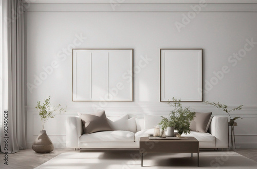 Minimalist Elegance: Empty Frame Mockups Adorning a Modern Interior with a Clean White Wall Background - The Perfect Template for Art Display. © FrameFinesse