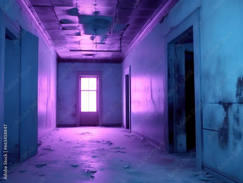 Fototapeta premium An abandoned room with roughness on walls, a room in blue-violet shades. Created with Generative Ai technology.