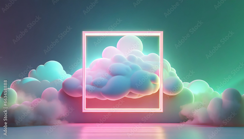 d rendering, abstract minimalist background of pastel cloud and blank linear square frame glowing with neon light, simple geometric wallpaper