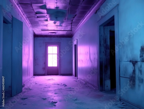 An abandoned room with roughness on walls  a room in blue-violet shades. Created with Generative Ai technology.