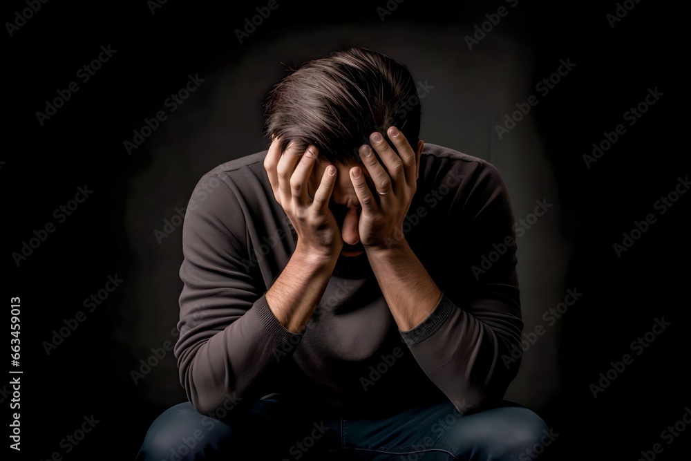 stressed sick man holding head sitting alone on black background