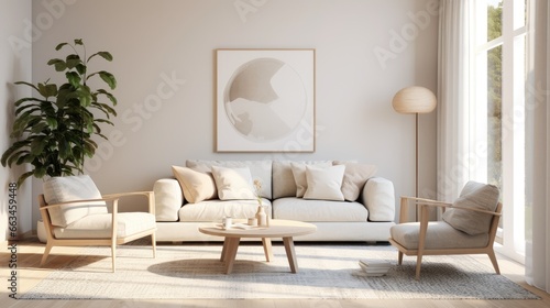 Scandinavian Elegance - Armchair with Pillow, Glowing Lamp, and Potted Plant in a Cozy Living Room. Perfectly Simple Interiors for Modern Lifestyle