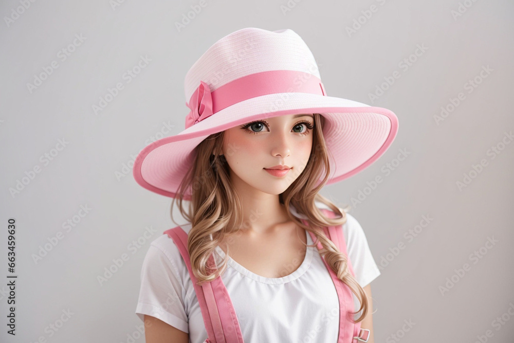 A beautiful young woman wearing a pink hat A beautiful young woman wearing a pink hat