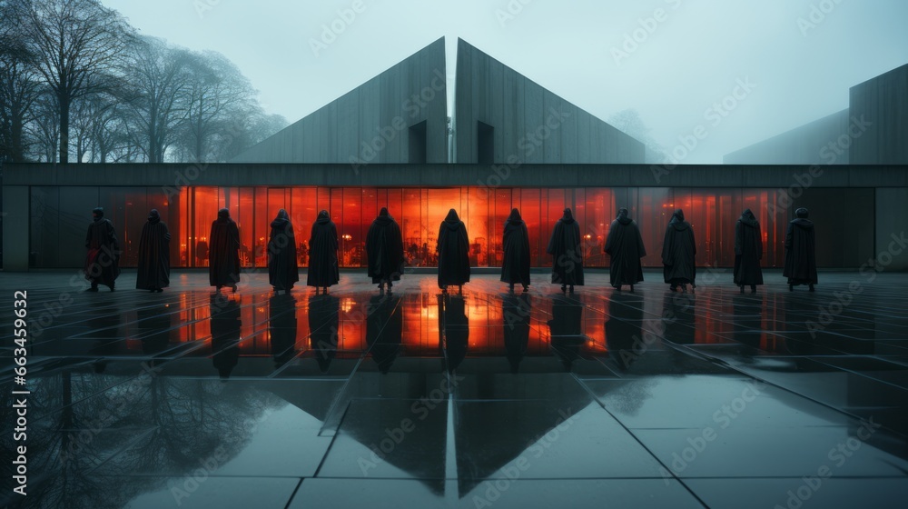 In the misty fog, a group of black-robed figures stand amidst a surreal landscape of towering trees and reflective architecture, their presence both ethereal and powerful - obrazy, fototapety, plakaty 