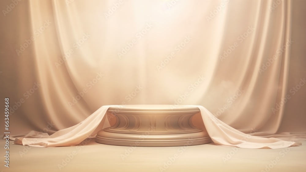 Antique style round podium with beige drapes in background, Premium showcase mockup template for Beauty, Cosmetic, Luxury products, with copy space for text Antique style round podium with beige drapes in background, Premium showcase mockup template for Beauty, Cosmetic, Luxury products, with copy space for text