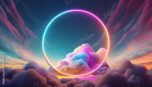 d render, abstract geometric background, ring shape glows with neon light inside the soft colorful cloud, fantasy sky with blank linear round frame 