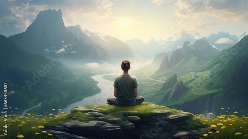  a person sitting on a rock looking at a mountain valley. generative ai