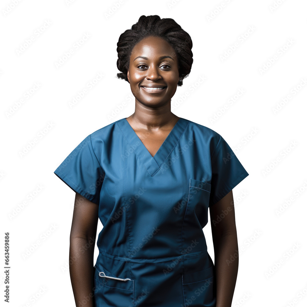 Black female nurse standing up, body view, smiling Black female nurse standing up, body view, smiling