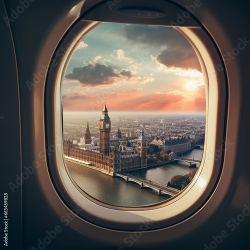 The London cityscape seen through the airplane window
