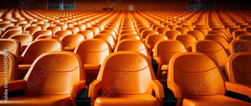 orange tribunes. seats of tribune on sport stadium. empty outdoor arena. concept of fans. chairs for audience. cultural environment concept. color and symmetry © kiatipol
