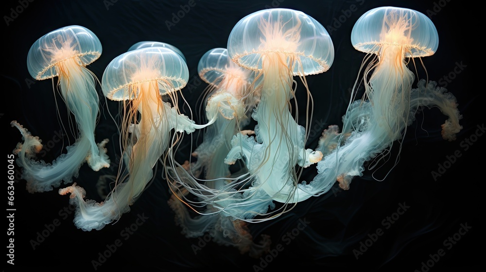 a group of jellyfish floating in the water together on a black background. generative ai a group of jellyfish floating in the water together on a black background. generative ai