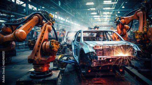 Automobile assembly line production,Cars on production line in factory,Robots welding in a car factory.