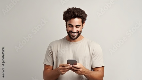 Smiling handsome african man using smartphone on isolate background,Portrait of smiling young man using mobile phone while standing.