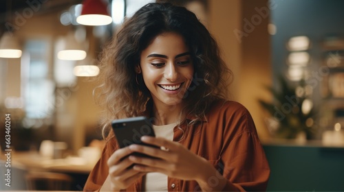 Young woman with curly hair using a smartphone