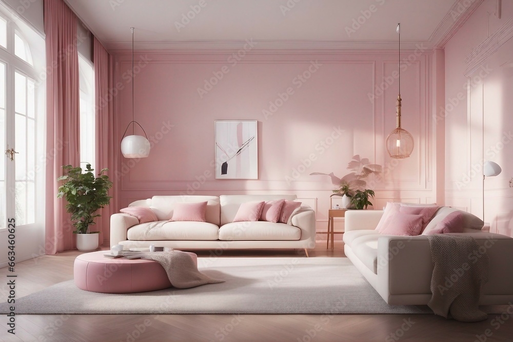 Beautiful cozy bright modern living room with white sofa and soft pink decor