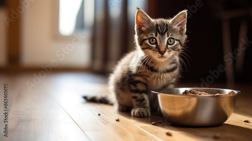 Fotografie, Obraz Hungry little kitten sitting on the floor near his bowl